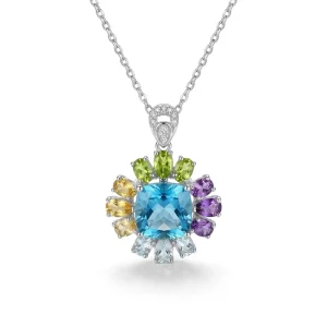 Pendant Necklace for Women Silver Tone Blue Square-Cut Gemstone with Multicolor Floral Halo for Party Gift