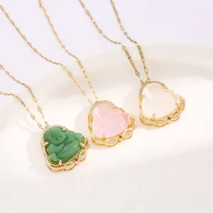 Pendant with Stainless Steel Chain Necklace Maitreya Buddha Jade Healing Pendant Necklace for Women
