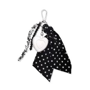 Personal Safety Alarm Keychain White Heart Black Polka Dot Scarf Beads Tassel Portable Emergency Bag Charm for Women