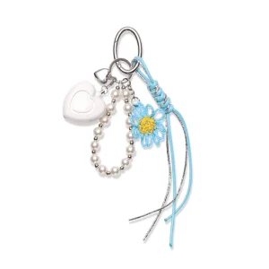 Personal Safety Alarm Keychain White Heart Pearl Beads Blue Flower Tassel Portable Emergency Loud Sound Bag Charm for Women