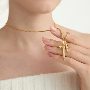 Personality Cross Sword Pendant Bamboo Sweater Chain 18K Gold Stainless Steel Necklace Women