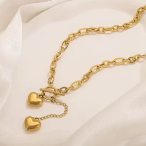 Personality Fashion Gold Double-Layer Love Pendant Stainless Steel Link Chain Necklace OTBuckle Design Joker Jewelry