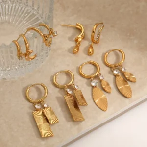 Personality Striped Square Stainless Steel Zircon Double Pendant Earrings with 18K PVD Gold Plating Fashionable Women’s Jewelry