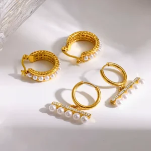 Personalized 18K Gold Plated Freshwater Pearl Crystal Dual Design Huggie Hoop Earrings Aretes Acero Inoxidable 316l for Women