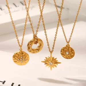 Personalized 18K Gold Plated Geometric Circular Star Zircon Pendant Stainless Steel Necklace Set for Anniversary