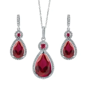 Personalized Anniversary Jewelry Sterling Silver Jewelry Set Pear Simulated Ruby CZ Halo Necklace and Earrings Set