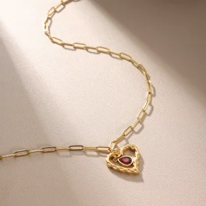 Personalized Birthstone Heart Necklace Stainless Steel Gold Link Chain Hammered Heart Pendant Fashion Jewelry Gift for Women