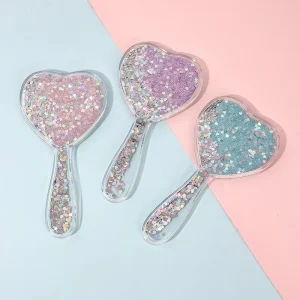 Personalized Creative Heart Shape Portable Handheld Cosmetic Mirror Glitter Bling Bling Hair Comb Brush Makeup Beauty Tool Set