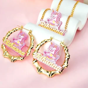 Personalized Custom Unicorn Glitter Acrylic Name Jewelry Set Bamboo Hoop Earrings And Nameplate Necklace Jewelry Set For Girls