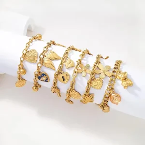 Personalized DIY 18K Gold Plated Stainless Steel Heart Evil Eyes Charm Chain Bangle Bracelet Fashion Jewelry for Women