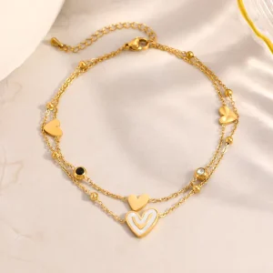 Personalized Elegant Love Shaped Zircon Stacked 18K Gold Plated Foot Stainless Steel Anklet