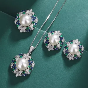 Personalized Fashion Diamond Flower Pendent Pearl Necklace Earring Ring Jewelry Set for Women