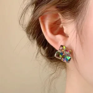 Personalized Geometric Gradient Colorful Block Crystal Earrings