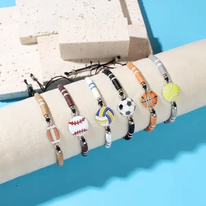 Personalized Handmade Woven Rainbow Enamel Basketball Football Baseball Rugby Tennis Volleyball Polymer Clay Sport Bracelet