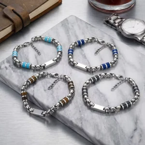 Personalized Hiphop Design Stainless Steel Thick Chain Natural Stone Spacer Beads Adjustable Bracelet for Men