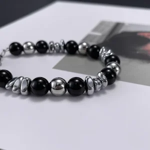 Personalized Natural Stone Beads Titanium Stainless Steel Charm Chain Men Fashion Punk Jewelry Hand Beaded Bracelet & Bangle