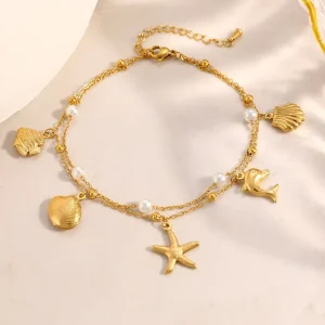 Personalized Ocean Series Stainless Steel Dolphin Starfish Double Layered 18K Gold Plated Foot Anklet for Women