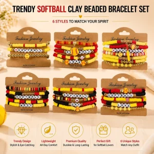 Personalized Polymer Clay Beaded Softball Theme Elastic Bracelet Set with Sport Charms for Game Day Team Supporter Gifts