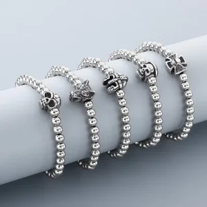 Personalized Simple Design Silver Plated Stainless Steel 6mm Beaded Skull Wolf Charm Bracelet for Men Hiphop Wear