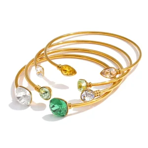 Personalized Stainless Steel Thin Open Bracelet Geometric Green Crystal Design Bracelet Jewelry