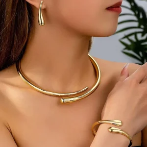 Personalized Teardrop Stud Geometric Metal Smooth Surface Spring Open Necklace Set Bracelet for Women Punk NSJS 00061