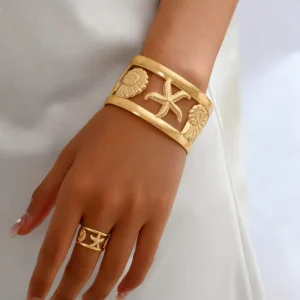 Personalized Trend Hollow Sea Star and Sea Shell Bracelet and Ring Set 18K Gold Bangle NBR0007