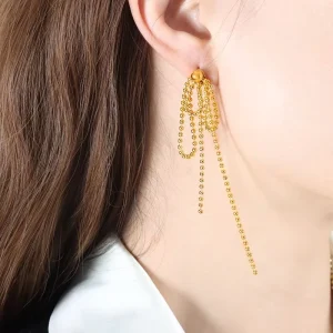 Personalized Trendy Fashion Tassel Long Rice Bead Chain Sweet Cute Versatile Earrings Pendants Gold Plated Stainless