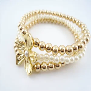 Personalized Trendy Flower Shape Pearl Beaded Bracelet Zinc Alloy Gold Plated Women’s