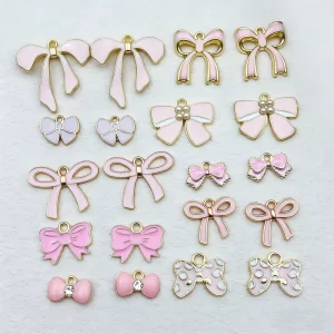 Personalized Zinc Alloy Rose Gold Epoxy Pink themed Fashion Cartoon Bowtie Charm Set Combo Necklace & Keychain for DIY Gifts
