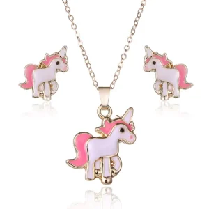 Pink Animal Jewelry Set Chain Kids Jewelry Cartoon Horse Unicorn Necklace Earring Unicorn Jewellery Sets for Girls