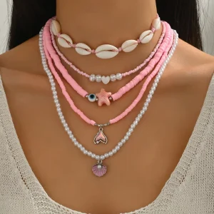 Pink Beaded Shell Necklace with Starfish and Pearl, Layered Boho Style
