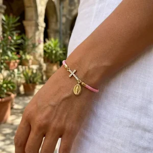 Pink Braided Cord Bracelet with Crystal Cross & Virgin Mary Charm Adjustable Jewelry for Women