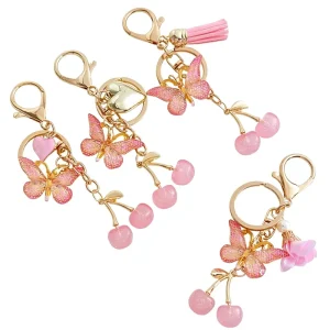 Pink Cherry Butterfly Tassel Keychain with Heart Shaped Buckle Sweet Bag Charm for Birthday Party Favors Gifts