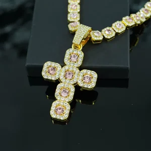 Pink Cross Pendant Necklace With 10mm Iced Out Alloy Miami Link Chain Collana Hiphop Bling in Lega