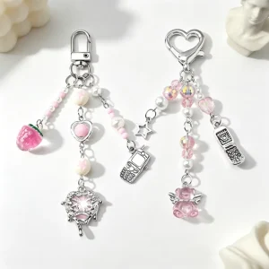 Pink Crystal Bead Key Chains Multi Charms Strawberry Bear Cellphone Bag Pendant Sweet Girl Fashion Gift Accessories