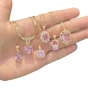 Pink Crystal Geometric Pendant Necklace Stainless Steel Snake Chain Oval Round Copper Zircon Fashion Jewelry Necklace