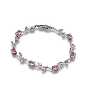Pink Crystal Leaf Vine Bangle Silver Tone Fashion Bracelet Dainty Branch Jewelry Women Gifting Daily Styling