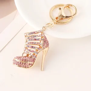 Pink Crystal Platform Stiletto Boot Keychain Hollow Striped AB Rhinestone High Heel Bag Charm Women Accessory