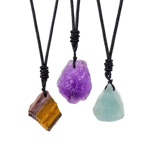 Pink Crystal Purple Water Rough Stone Pendant Necklace with Rope Chain