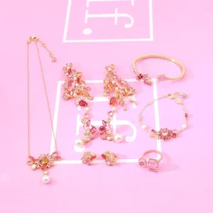 Pink Crystal Rhinestone Pearl Jewelry Set Floral Design Necklace Earrings Bracelet Ring for Women Party Gift