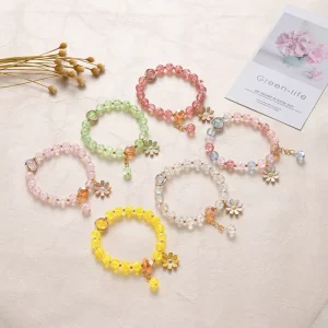 Pink Crystal Sunflower Bracelet for Women Adjustable Daisy Beaded