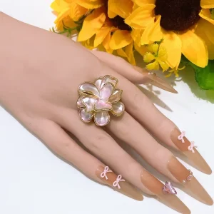 Pink Enamel Flower Open Ring Women Elegant Gold Trim 3D Floral Adjustable Statement Jewelry Gift for Daily Wear