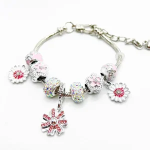 Pink Enamel Heart Flower Beaded Bracelet Fresh Sweet Charm Strand Fashion Jewelry