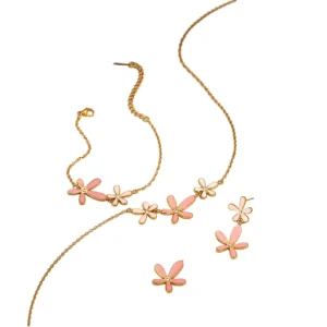 Pink Flower Dripping Oil Pendant Necklace Chains Jewelry Set Waterproof 18K Gold Plated