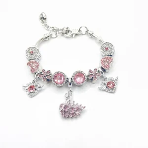 Pink Flower Heart Wing Swan Bracelet, Full Rhinestone Beaded Strand, Fashion Jewelry
