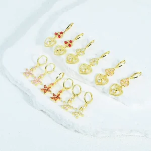 Pink Heart shaped Zircon Pendant Earrings 14K Gold Floral Hoop Earrings Anniversary Cute Floral Heart shaped Jewelry