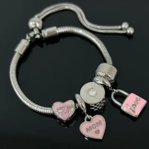 Pink Love Word Lock Pendant Bracelet Stainless Steel DIY Fashion Set Bangles Accessories