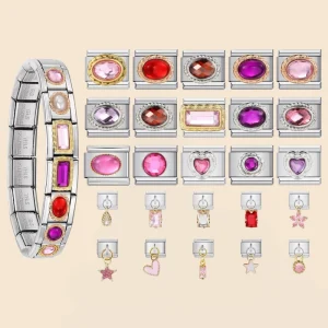 Pink Red Retro Styles Zirconia Hand Chain Italian Charm Bracelets Link Fit 9mm Stainless Steel Making Jewelry DIY Bead