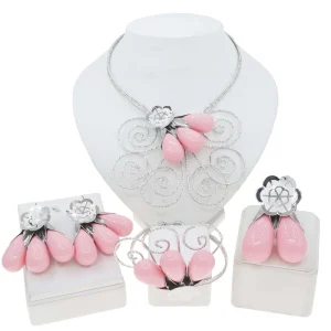Pink Resin Teardrop Jewelry Set Swirl Wire Floral Necklace Matching Accessories Dainty Fashion Jewelry for Daily Wear Gifting