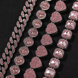 Pink Rhinestone Heart Bracelet Alloy Tennis Chain Jewelry Set Silver Plated Fashion Women Gift Supplier
